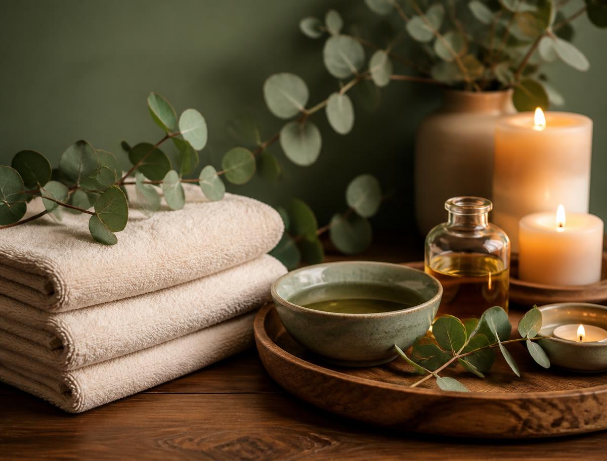 Detalhes de spa: toalhas, velas acesas e óleos de massagem com eucalipto