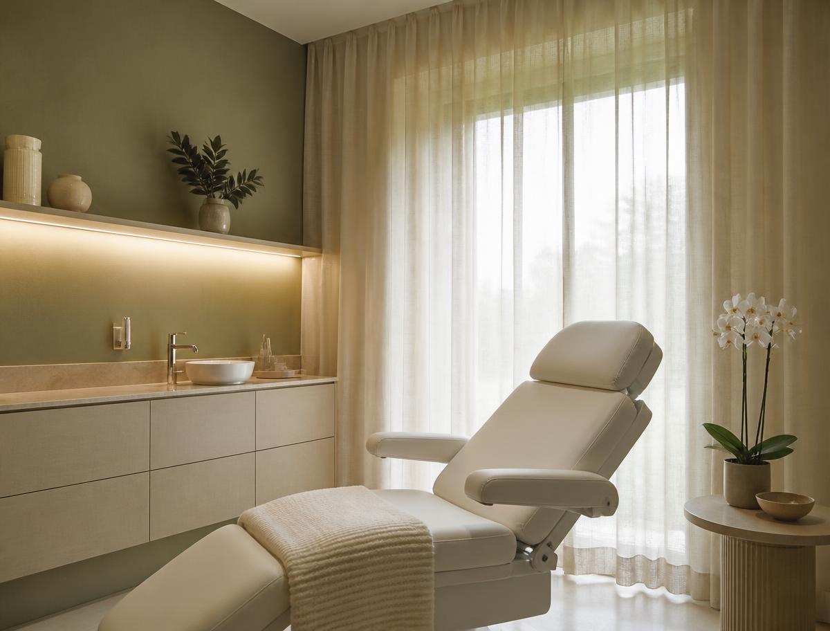 Sala de tratamento da clínica com maca moderna, luz natural e decoração minimalista