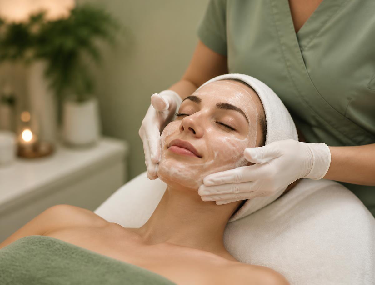 Cliente recebendo limpeza de pele facial em ambiente clínico sofisticado